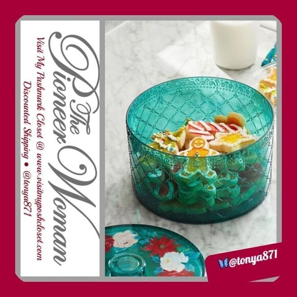 🦋 New Pioneer Woman Wishful Winter Round Holiday Treat Container, Light Teal - Picture 1 of 10